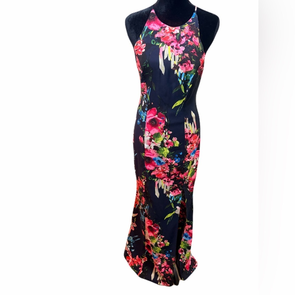 Rubber Ducky Floral Halter Maxi Gown Vibrant Pink/Blue Slit Dress size Medium
